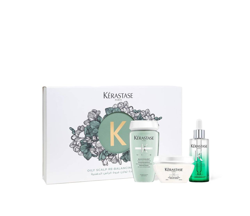 مجموعة Kérastase Spécifique Scalp Balancing المصممة خصيصًا لتنظيف فروة الرأس الدهنية وتغذية الأطراف الجافة.